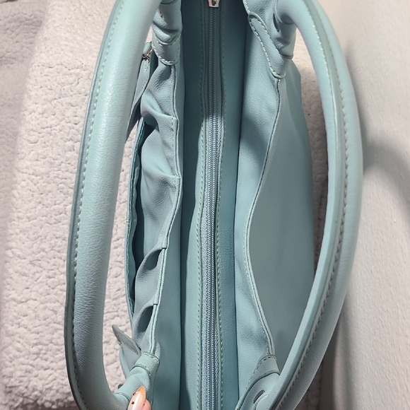 Y2K Blue Faux Leather Shoulder Bag | Slouchy Mini Tote w/ Zip Pockets - Picture 12 of 16